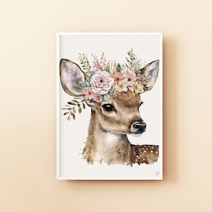 Baby Girl Deer Nursery Woodland Animal Wall Art,Printable Nursery Decor,Baby Animals Flower Crowns,Floral Little Animals Baby Fox Bunny Deer