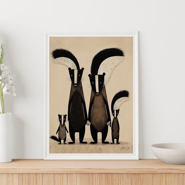 Family of Cute Skunks Wall Art, Digital Download, Vintage Mountain Cabin Decor, Contemporary Modern Animal Art Prints, Animal Nursery Art