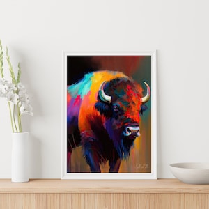 Abstract Colorful Bison Buffalo Painting, Downloadable Printable Wall Art, Modern Oil Acrylic Painting Wild Animal Moose Bear Wall Art,