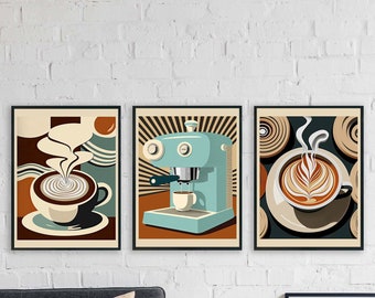 Set of 3 Mid Century Modern Kitchen Art Prints, Coffee Decor, Retro Coffee Poster Prints, Kitchen Wall Art,Coffee Lover Gift, Coffee Bar Art