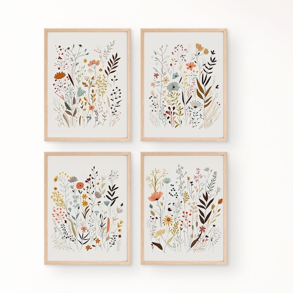 4er Set Minimalistische Blumendrucke, DRUCKBARE Galerie Wandkunst, Boho Wildblumen Kinderzimmer Wand Dekor, Botanische Mid Century Blumen Poster