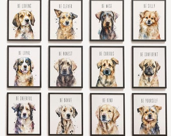 Dog Nursery Decor, DIGITAL, Puppy Nursery Wall Art, Be Strong Be Brave Nursery Prints, Watercolor Dog Breeds, PRINTABLE, Dog Themed Nursery