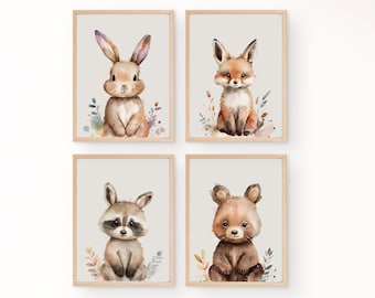 Woodland Animal Nursery Print Set of 4, Woodland Nursery Wall Art, DIGITAL DOWNLOAD, Baby Animal Prints for Nursery, Baby Shower Gift