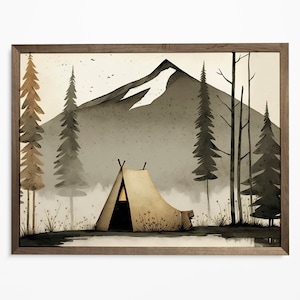 Tent in the Woods Wall Art, Camping Mountain Print, Rustic Wall Art PRINTABLE, Woodland Adventure Nursery Decor Art Print, Cabin Wall Art