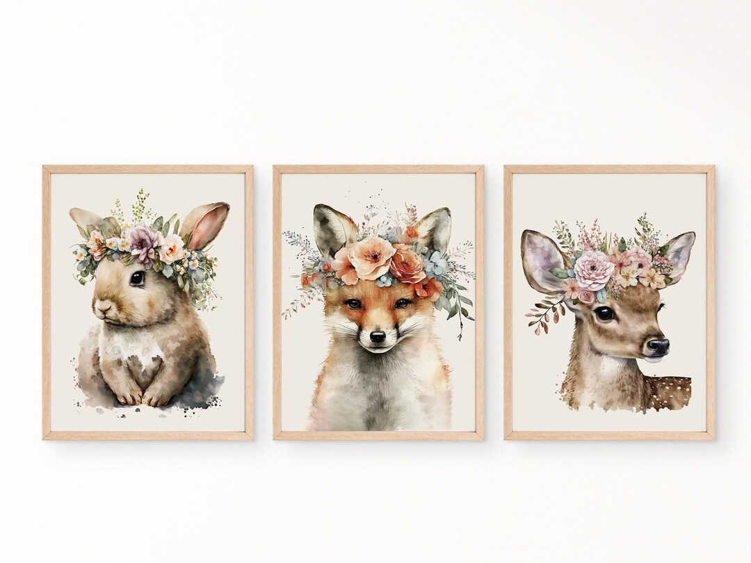 Woodland Animal With Flower Crowns Nursery Print Set of 3, Woodland ...