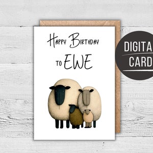 Alles Gute zum Geburtstag zum Ewe Karte, lustige Schafe druckbare Tier Geburtstagskarte, herunterladbare niedliche Geburtstagskarte, sofortiger Download niedliche Tier Karte