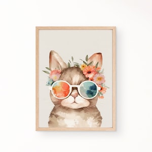 Boho Cat Nursery Wall Art, PRINTABLE, Retro Kitty Nursery Wall Decor, Woodland Nursery Prints, Little Animals, Rainbow Decor Girls Room Art