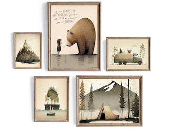 May include: Five framed illustrations with a nature theme. The top center frame features a brown bear and a child with the text "You are BRAVER and STRONGER than you know. You are LOVED more than you can ever IMAGINE."