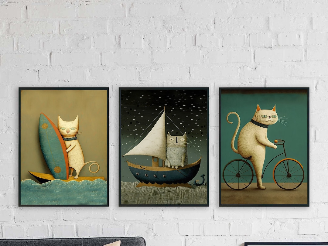 Funny Cat Wall Art Digital Download Set of 3, Modern Cat Print Bike Boat, Funny Cats Wall