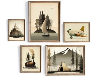 Set of 5 Travel Nursery Art Print,Adventure Nursery Mountains Wall Art PRINTABLE,Airplane Train Sailboat Camping Decor, Toddler Boy Room 2