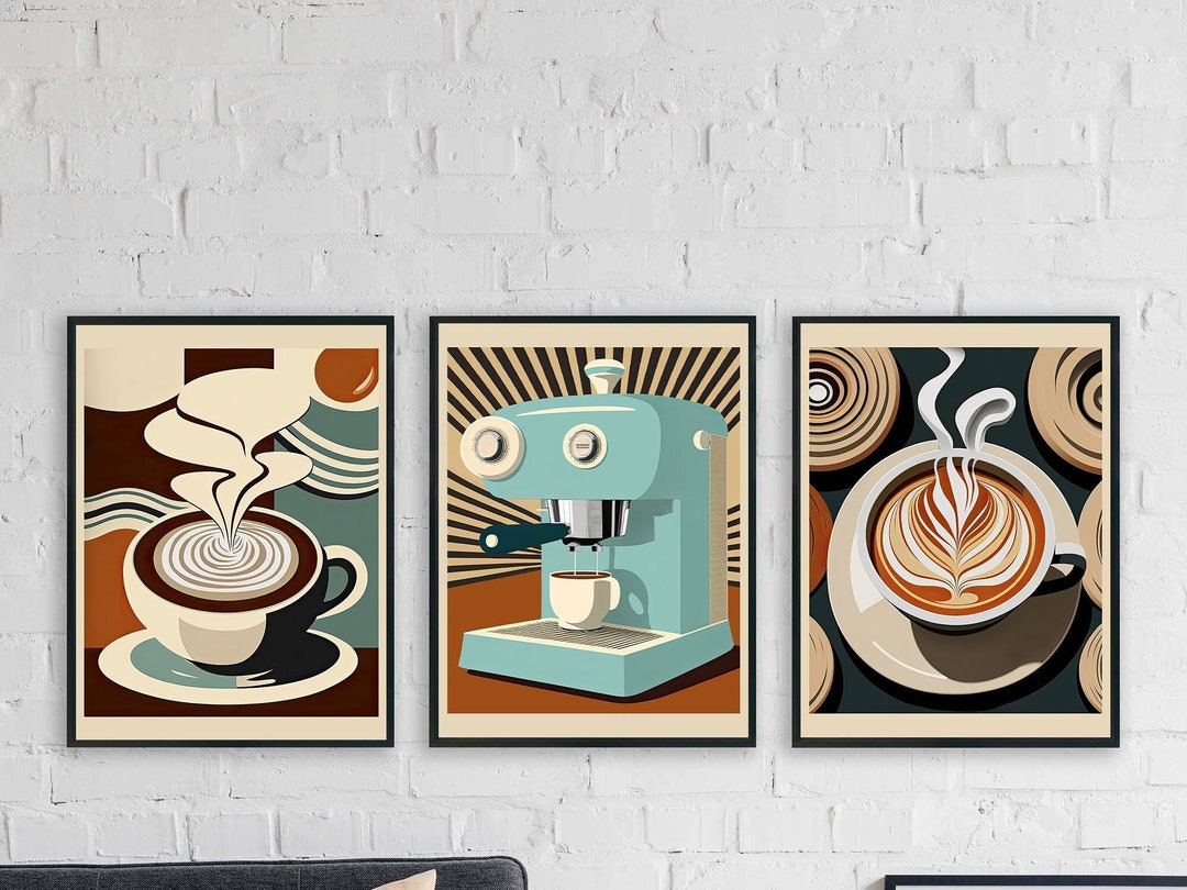 Set of 3 Mid Century Modern Kitchen Art Prints, Coffee Decor, Retro