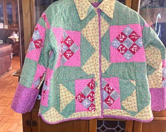 Quilted jacket, repurposed jacket, Upcycled quilt, pink jacket, feedsack quilt, farm and ranch, horse and barn