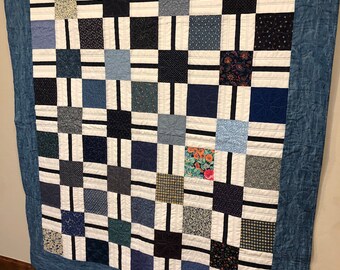 Modern quilt, wall art, blue and white