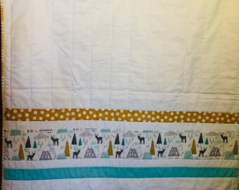 Baby quilt, woodland print, pastel woodland, outdoor winter baby decor, baby blanket