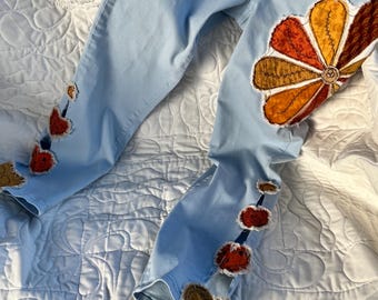 shabby chic jeans, denim patches,  spirit jeans, decorated jeans, teacher jeans, casual Friday jeans, boho style, raveled edge, boho orange