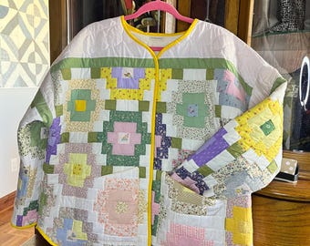 Quilted jacket, repurposed jacket, Upcycled quilt,  spring quilt, birds and butterflies
