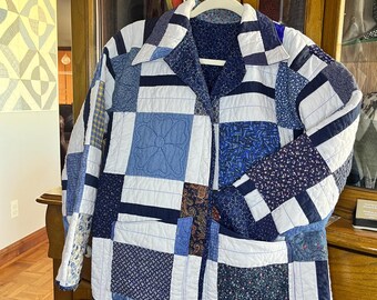 Quilted jacket, repurposed jacket, Upcycled quilt, new quilt, modern pattern, blue and white