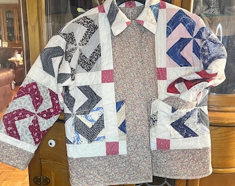 Quilted jacket, repurposed jacket, Upcycled quilt, red and blue