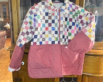 Quilted jacket, repurposed jacket, Upcycled quilt, red and all colors, tiny squares