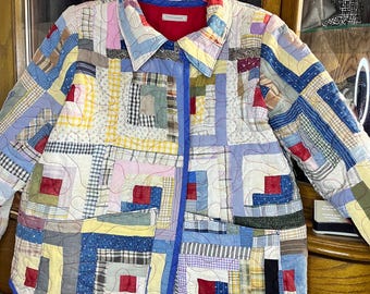 Quilted jacket, repurposed for jacket, Upcycled quilt, log cabin quilt, vintage quilt