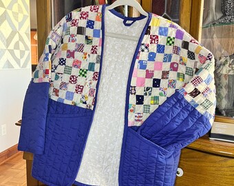Quilted jacket, repurposed jacket, Upcycled quilt,  blue and beige, postage stamp, vintage quilt
