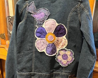 Upcycled denim jacket, denim patches, school colors, decorated jean jacket, repurposed jacket, shabby patches, purple power