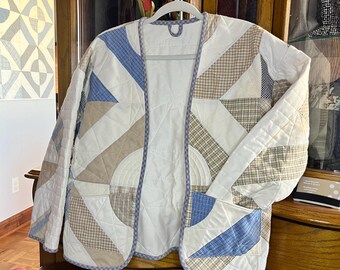 Quilted jacket, repurposed jacket, Upcycled quilt,  blue and beige,  vintage quilt