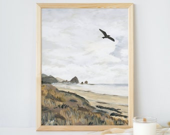 Impresión de Cannon Beach, Impresión oceánica, Pintura del Pacífico Noroeste, Arte digital, Impresiones en colores neutros, Arte mural imprimible, Impresión costera, Encuéntrame en la playa