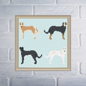 May include: Four different colored dogs are shown in a cross-stitch pattern on a light blue background. The dogs are all facing forward with their tails curled behind them. The dogs are a light brown, black, black and white, and white.