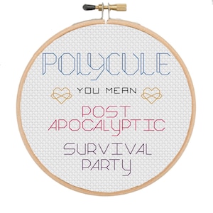 May include: A white embroidery hoop with the text "POLYCULE YOU MEAN POST APOCALYPTIC SURVIVAL PARTY" in blue, red, and gold thread.