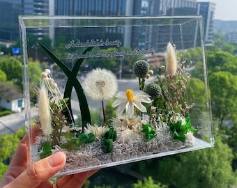 Dried flowers in Acrylic Box with Real dandelion in Acrylic frame preserved plants wall art/floral birthday gift for home decor/mothers day