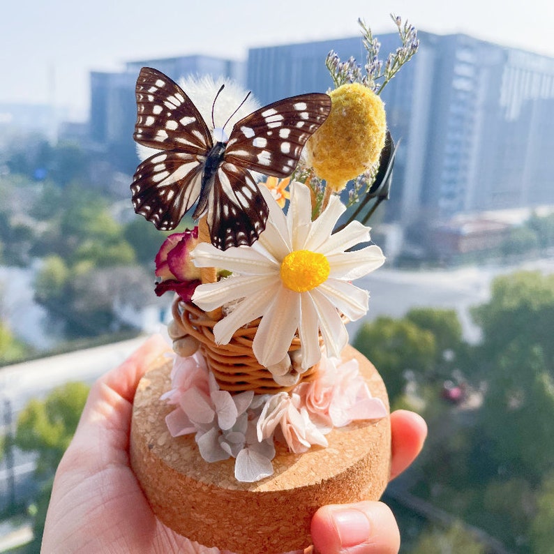 Real butterfly specimen Glass dome wirh flower basekt home decor gift for birthday gift/floral wall art with preserved butterfly/mothers day image 2