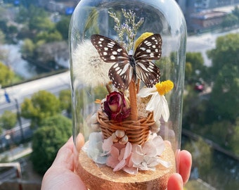 Real butterfly specimen Glass dome wirh flower basekt home decor gift for birthday gift/floral wall art with preserved butterfly/mothers day