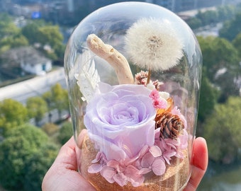 Preserved purple rose and Dandelion in glass dome with real natural flowers gift for home decor/floral bouquet wall art/handmade mothers day