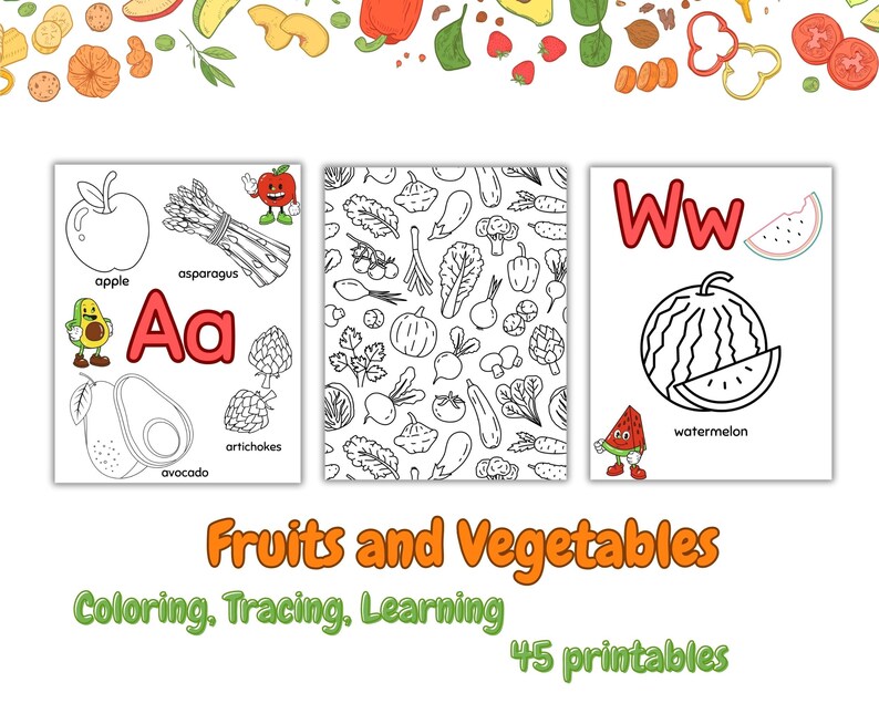 45 Fruits and Vegetables Printables Coloring and Alphabet - Etsy