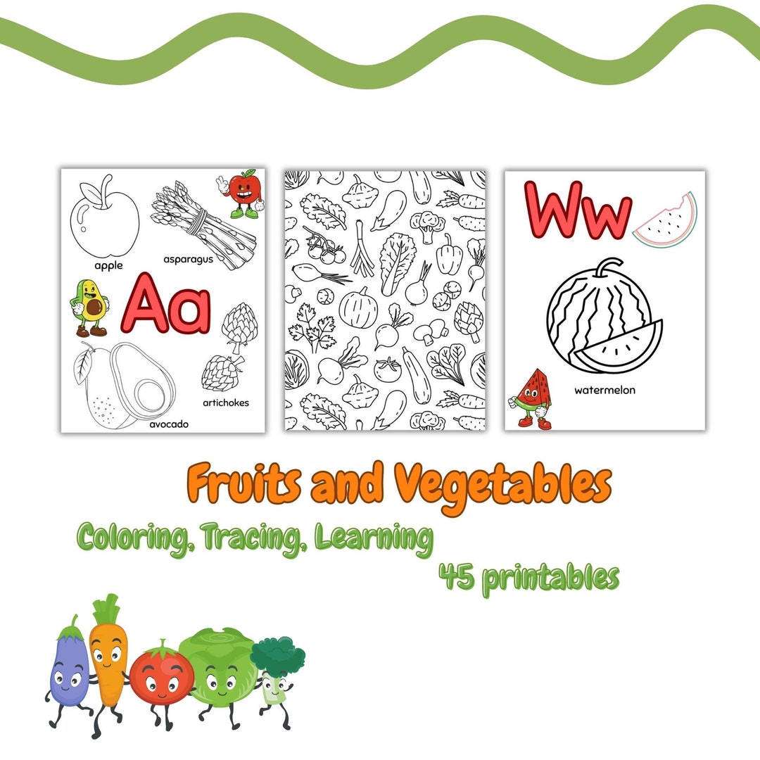 45 Fruits and Vegetables Printables Coloring and Alphabet Etsy