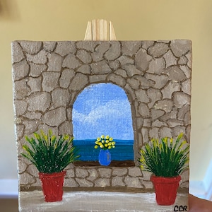 Mini Mediterranean View - 4x4 canvas board with easel