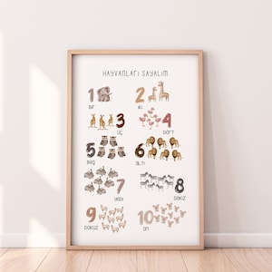 Números turcos, Türkçe Sayılar, Hayvanları Sayalım, Diseño de guardería, Eğitim Posteri, Imprimible, Cartel educativo, DESCARGA INSTANTE