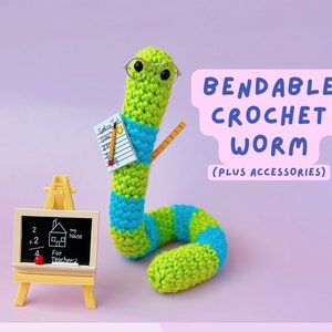 May include: A bendable crochet worm in green and blue, wearing glasses and holding a notepad and pencil. A small chalkboard with a math problem and the text "For Teacher" is in front of the worm. The image also includes the text "BENDABLE CROCHET WORM (PLUS ACCESSORIES)".