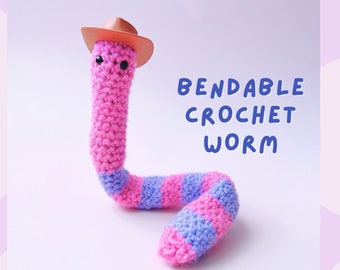 Crochet Worm with Accessories, Bendable Worm Plush with Add ons and Adoption Certificate, Whimsical Amigurumi
