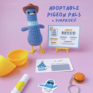 Pigeon Plushie + Surprise Egg, Mystery Sticker, Fortune Scratch Card, and Prize, Cute Crochet Amigurumi Bird