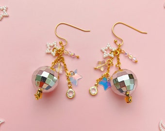 Silver Disco Ball Dangle Earrings, Holographic Star festival jewelry