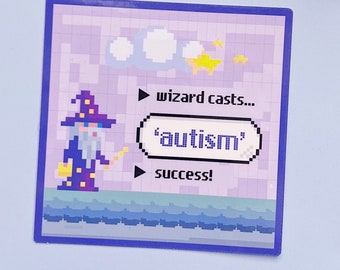 Funny Autism Sticker, AuDHD Autistic Acceptance, Neurodivergent, 8bit wizard, Large Vinyl water resistant Decal