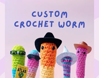 Crochet Worm Toy, Bendable Worm Plush with Accessories and Adoption Certificate, Whimsical Amigurumi Animal