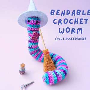 Crochet Worm Witch with Extras, Bendable Plushie with Accessories and Adoption Certificate, Whimsical Amigurumi