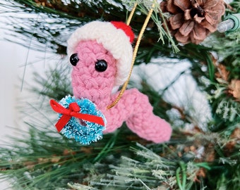 Worm Ornament, Cute Christmas Tree Decorations, Xmas Stocking Stuffer, Handmade Crochet