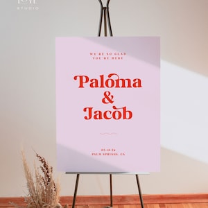 Plantilla de letrero de bienvenida boho moderno PALOMA, letrero de bienvenida de boda editable, rosa y rojo retro, letrero de bienvenida digital, nos alegramos mucho de que estés aquí