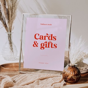 PALOMA Pink & Rot Retro Karten und Geschenke Schild, moderne Boho Tischschild Vorlage, bearbeitbares Hochzeitsgeschenke Zeichen, sofortiger digitaler Download