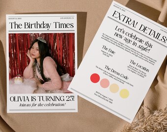 Newspaper Birthday Invite Template, Milestone Birthday Party Invitation, Birthday Newspaper Invite Card, Editable Birthday Party Template
