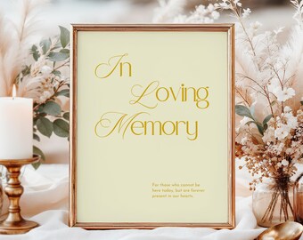 May include: A framed sign with the words "In Loving Memory" in gold script. The sign has a light yellow background and a gold frame. Below the main text is the phrase "For those who cannot be here today, but are forever present in our hearts."